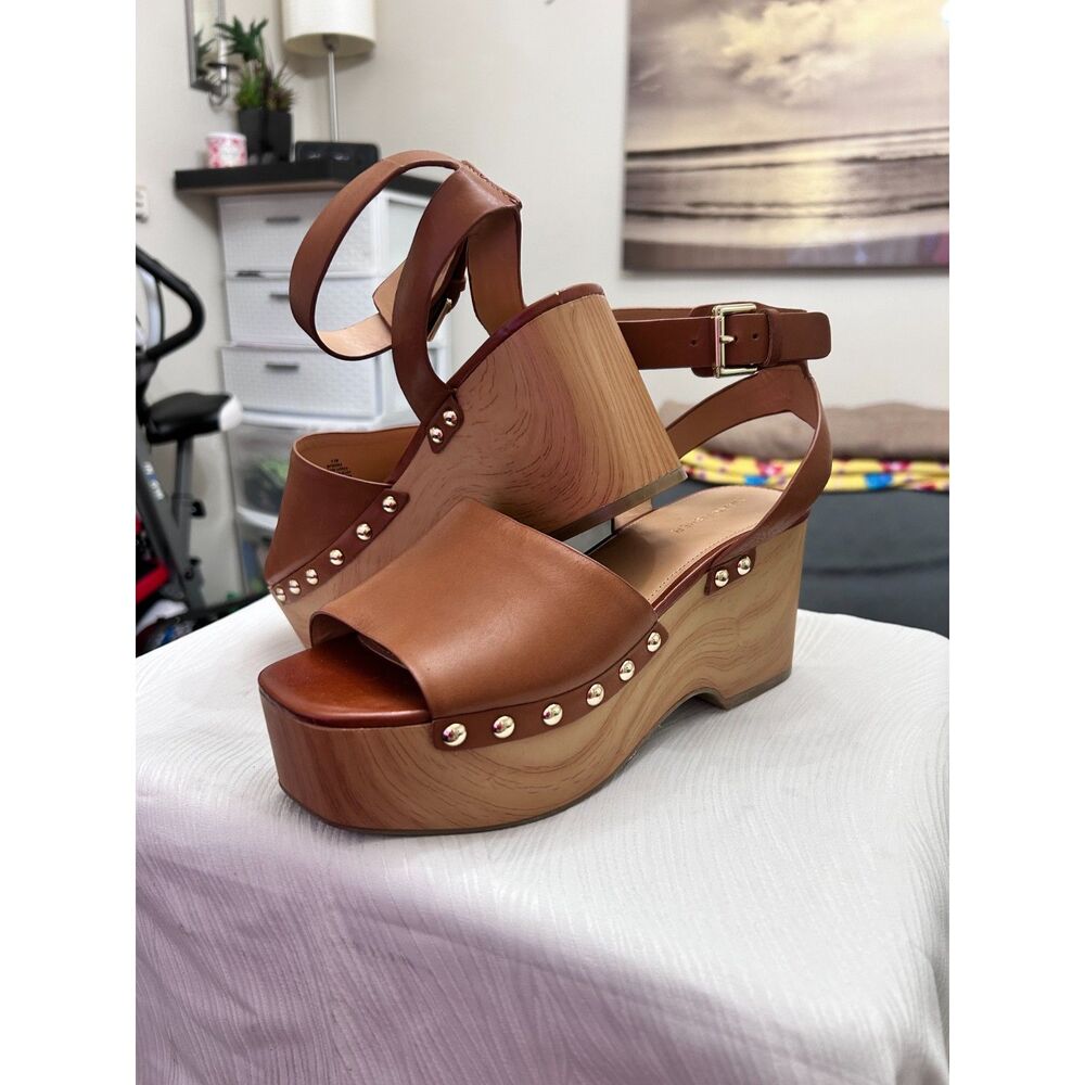 Marc Fisher Cognac Diona Leather Platform Faux Wood Wedge Sandals - Size 9.5 - Picture 6 of 7